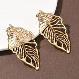 18K Gold-Plated Stainless Steel Leaf Polished Shiny Leaf-Shaped Cut-Out Patterns Stud Earrings 2.26 in E57 product image 2