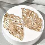 18K Gold-Plated Stainless Steel Leaf Polished Shiny Leaf-Shaped Cut-Out Patterns Stud Earrings 2.26 in E57 product image 3