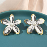 Stainless Steel Gold-Plated Pearl Flower Two Tone Shiny Stud Earrings 1.26 in E59 product image 1