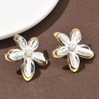 Stainless Steel Gold-Plated Pearl Flower Two Tone Shiny Stud Earrings 1.26 in E59 product image 2