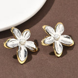 Stainless Steel Gold-Plated Pearl Flower Two Tone Shiny Stud Earrings 1.26 in E59 product image 2