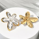 Stainless Steel Gold-Plated Pearl Flower Two Tone Shiny Stud Earrings 1.26 in E59 product image 3