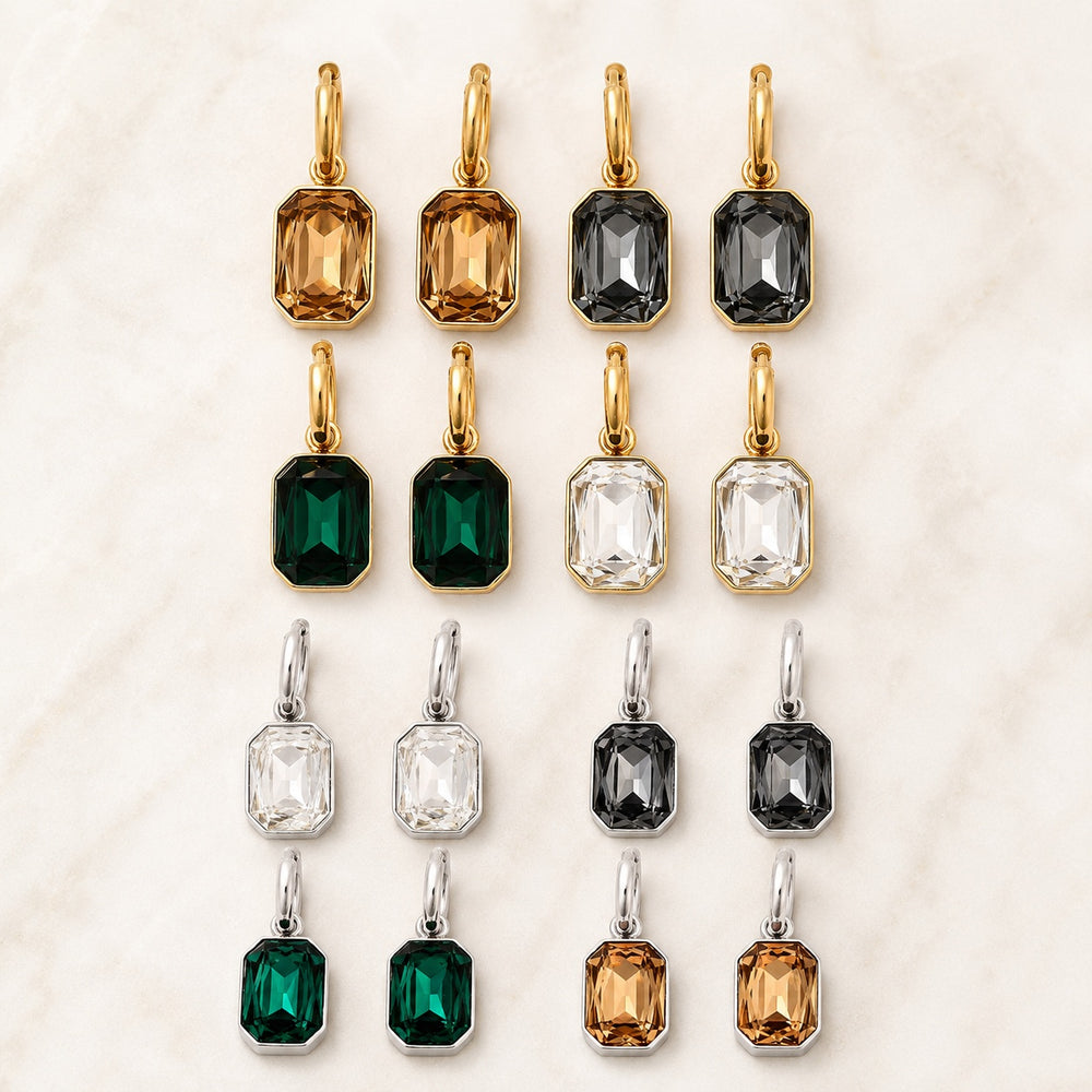 Stainless Steel Glass Polished Rectangle Dangle Hoop Earrings Green Brown Black Clear 1.22 in E60 product image 1