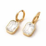 Stainless Steel Glass Polished Rectangle Dangle Hoop Earrings Green Brown Black Clear 1.22 in E60