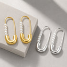 Stainless Steel Pearl Safety Pin Womens Polished Shiny Hoop Earrings Silver Gold 1.14 in E62 product image 2