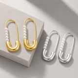 Stainless Steel Pearl Safety Pin Womens Polished Shiny Hoop Earrings Silver Gold 1.14 in E62 product image 2