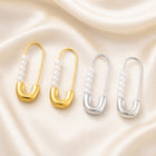Stainless Steel Pearl Safety Pin Womens Polished Shiny Hoop Earrings Silver Gold 1.14 in E62 product image 3