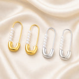 Stainless Steel Pearl Safety Pin Womens Polished Shiny Hoop Earrings Silver Gold 1.14 in E62 product image 3