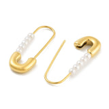 Stainless Steel Pearl Safety Pin Womens Polished Shiny Hoop Earrings Silver Gold 1.14 in E62