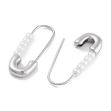 Stainless Steel Pearl Safety Pin Womens Polished Shiny Hoop Earrings Silver Gold 1.14 in E62