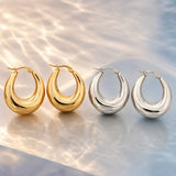 Stainless Steel Pin Womens Smooth Polished Glossy Hoop Earrings Silver Gold 1.26 in E66 product image 2