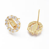Cubic Zirconia Virgin Mary Micro Pave Oval Polished Satin Stud Earrings Clear Gold 0.51 in E68