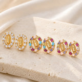 Cubic Zirconia Virgin Mary Micro Pave Oval Polished Satin Stud Earrings Clear Gold 0.51 in E68 product image 1