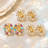 Cubic Zirconia Virgin Mary Micro Pave Oval Polished Satin Stud Earrings Clear Gold 0.51 in E68 product image 2