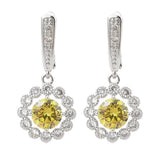 Cubic Zirconia Flower Pave Womens Polished Round Floral Hoop Earrings Yellow Clear Silver 1.38 in E79