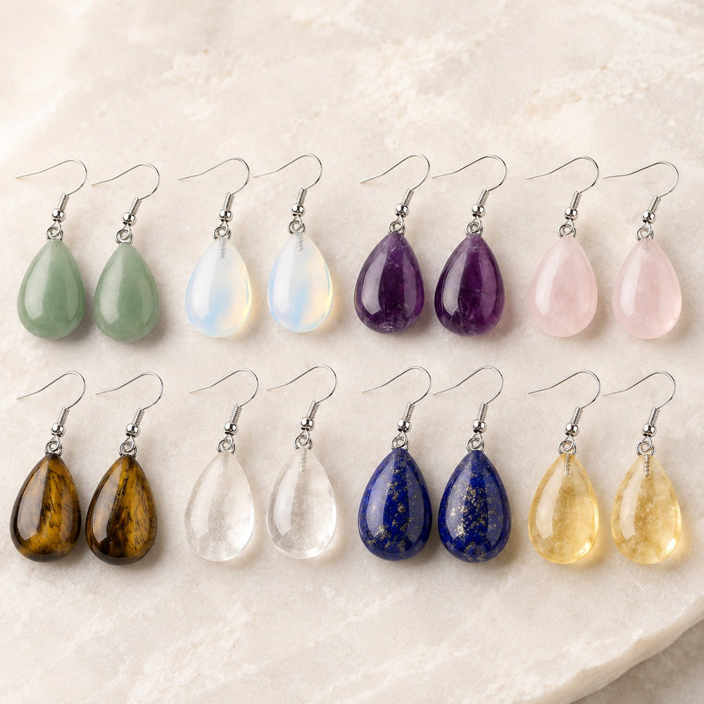 Gemstone Drop Crystal Teardrop Amethyst Opal Smooth Polished Dangle Earrings Silver 1.61 in E81 product image 1
