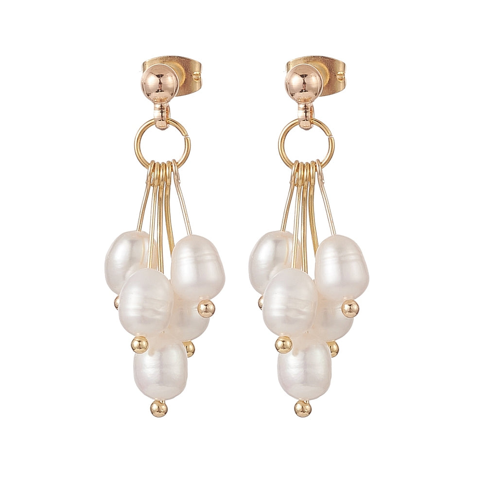 Pearl Round Pin Cluster Beaded Womens Smooth Dangle Stud Earrings Gold 1.38 in E82 product image 1