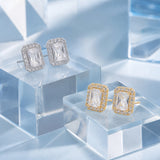 18K Gold-Plated Cubic Zirconia Rectangle Beaded Square Stud Earrings Silver 9mm E86 product image 2