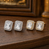 18K Gold-Plated Cubic Zirconia Rectangle Beaded Square Stud Earrings Silver 9mm E86 product image 3