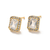 18K Gold-Plated Cubic Zirconia Rectangle Beaded Square Stud Earrings Silver 9mm E86