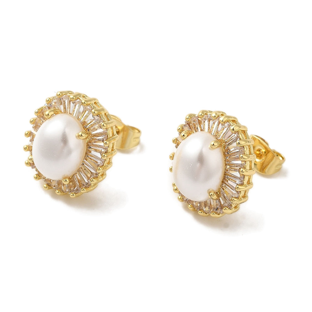 18K Gold-Plated Cubic Zirconia Pearl Heart Oval Womens Smooth Polished Round Push-Back Post Stud Earrings 0.59 in E89 product