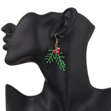 Stainless Steel Christmas Drop Leaf Smooth Dangle Earrings Green Gold 2.28 in E92 product image 3