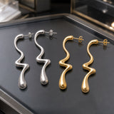 Stainless Steel Teardrop Irregular Shiny Wavy Stud Earrings Silver Gold 1.97 in E98 product image 1