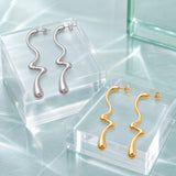 Stainless Steel Teardrop Irregular Shiny Wavy Stud Earrings Silver Gold 1.97 in E98 product image 2