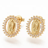Gold-Plated Cubic Zirconia Oval Micro Pave Pin Polished Stud Earrings Clear 0.49 in E103 product image 1
