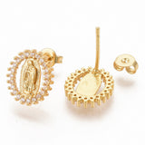 Gold-Plated Cubic Zirconia Oval Micro Pave Pin Polished Stud Earrings Clear 0.49 in E103 product image 2