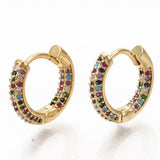 Gold-Plated Cubic Zirconia Round Micro Pave Pin Ring Polished Hinged Closure Hoop Earrings 0.59 in E104 product image 1