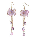 18K Gold-Plated Stainless Steel Drop Flower Dangle Beaded Smooth Teardrop Earrings 3.11 in E106