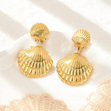18K Gold-Plated Stainless Steel Shell Ocean Shape Glossy Shiny Stud Earrings 1.46 in E107 product image 1