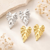 Stainless Steel Gold-Plated Leaf Glossy Shiny Leaf-Shaped Stud Earrings Silver 0.98 in E108 product image 1