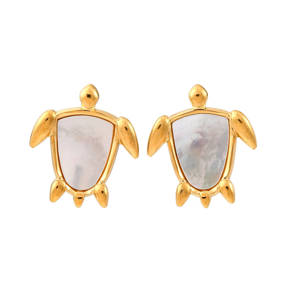 18K Gold-Plated Stainless Steel Shell Turtle Smooth Polished Stud Earrings White 0.77 in E109