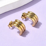 Stainless Steel Triple Smooth Shiny Hoop Shape Three Stacked Cylindrical Sections Stud Earrings Gold 0.61 in E112 product