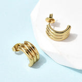 Stainless Steel Triple Smooth Shiny Hoop Shape Three Stacked Cylindrical Sections Stud Earrings Gold 0.61 in E112 product