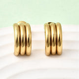 Stainless Steel Triple Smooth Shiny Hoop Shape Three Stacked Cylindrical Sections Stud Earrings Gold 0.61 in E112 product