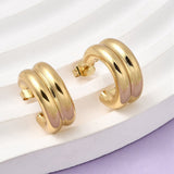 Stainless Steel Two-layer C-shaped Smooth Shiny Hoop Shape Textured Surface Stud Earrings Gold 0.69 in E118 product image 1