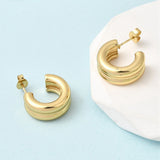 Stainless Steel Two-layer C-shaped Smooth Shiny Hoop Shape Textured Surface Stud Earrings Gold 0.69 in E118 product image 2