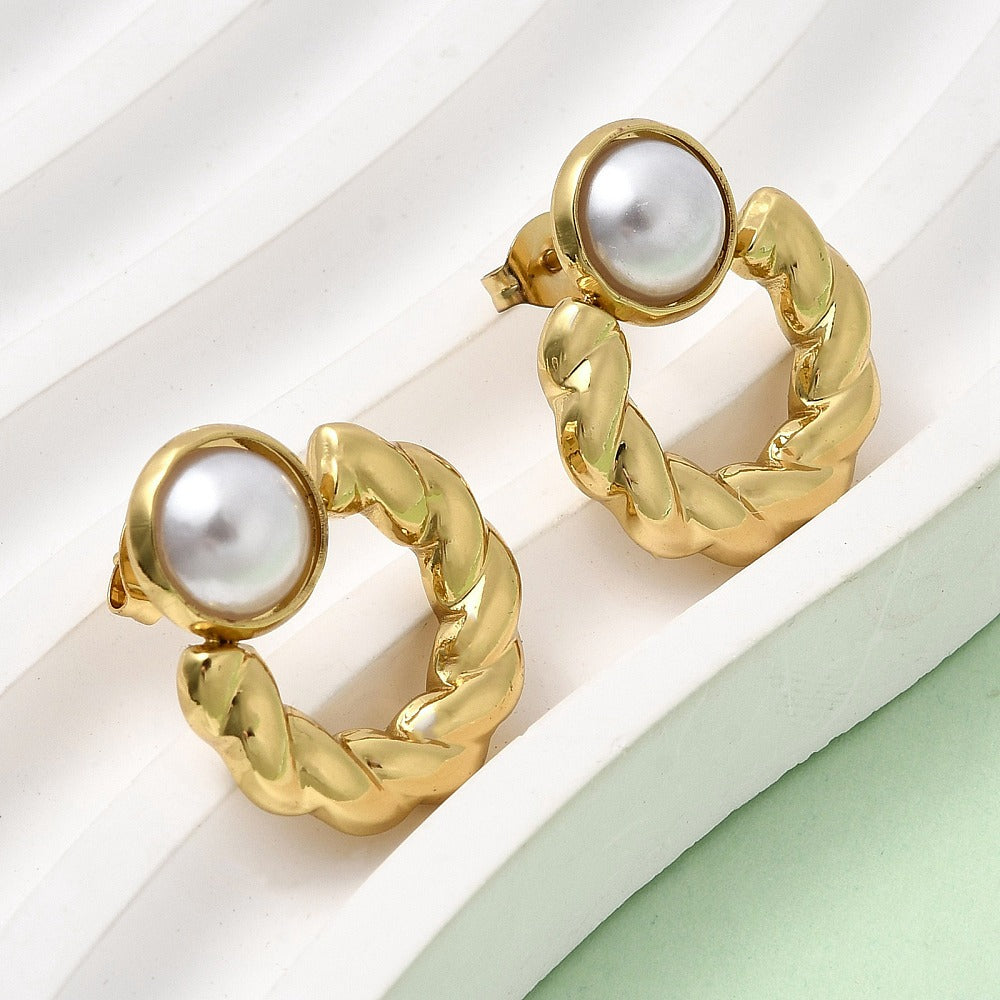 Stainless Steel Pearl Plastic Twist Polished Shiny Round Rope Stud Earrings White Gold 0.85 in E119 product image 1