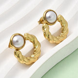 Stainless Steel Pearl Plastic Twist Polished Shiny Round Rope Stud Earrings White Gold 0.85 in E119 product image 1