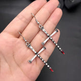 Drop Cross Religious Halloween Polished Skull Dangle Earrings Antique Silver 2.76 in E120 product image 1