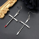 Drop Cross Religious Halloween Polished Skull Dangle Earrings Antique Silver 2.76 in E120 product image 3
