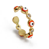Cubic Zirconia Flat Round Evil Eye Micro Pave Polished Adjustable Cuff Ring Gold Red R91