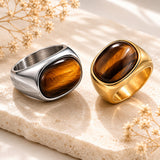Stainless Steel Tiger Eye Oval Size 7-11 Mens Smooth Polished Ring Silver Gold R93 product image 1