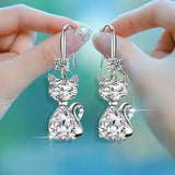 Drop Rhinestone Cat Crystal Aquamarine Rose Smooth Polished Teardrop Dangle Earrings Silver 1.42 in E121