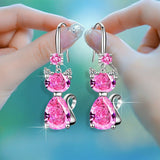 Drop Rhinestone Cat Crystal Aquamarine Rose Smooth Polished Teardrop Dangle Earrings Silver 1.42 in E121