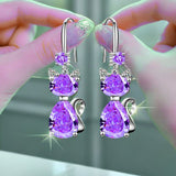 Drop Rhinestone Cat Crystal Aquamarine Rose Smooth Polished Teardrop Dangle Earrings Silver 1.42 in E121