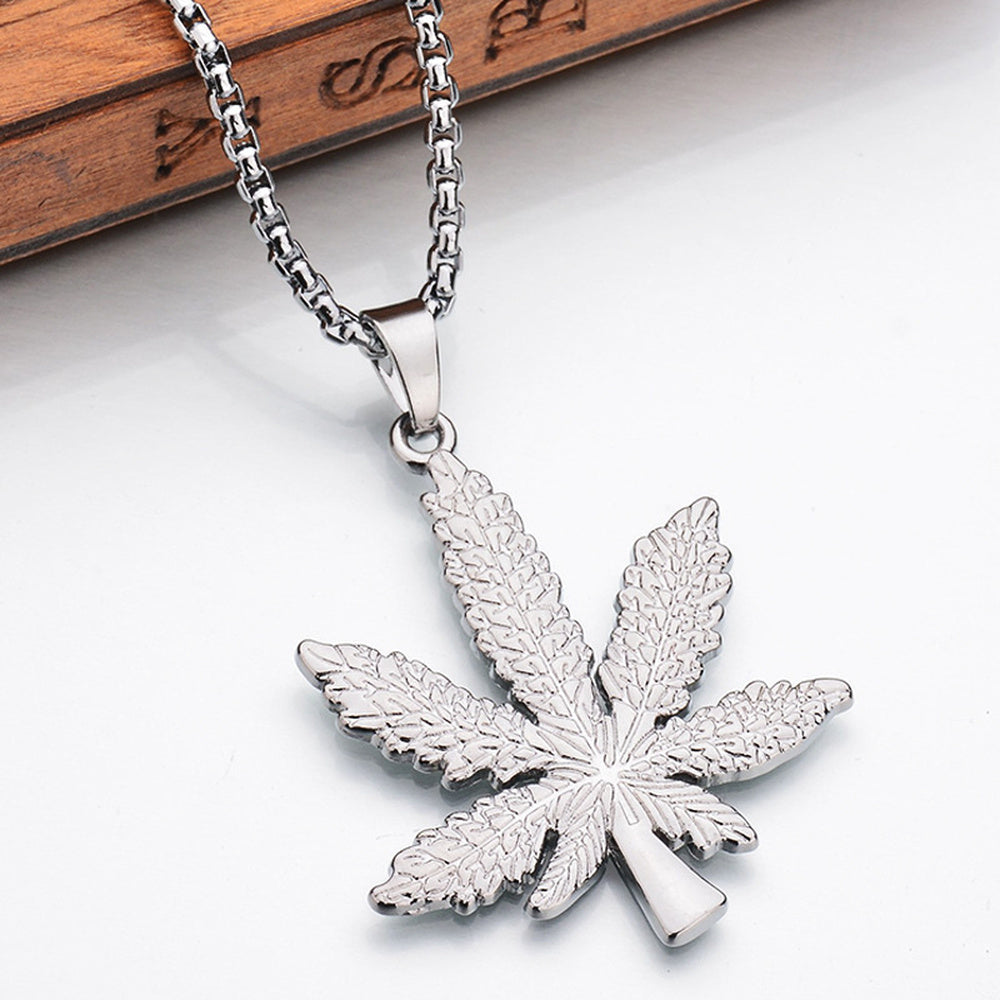 Stainless Steel Leaf Mens Marijuana Chain Bail Pendant Necklace Silver 23.62 in N81 product image 1